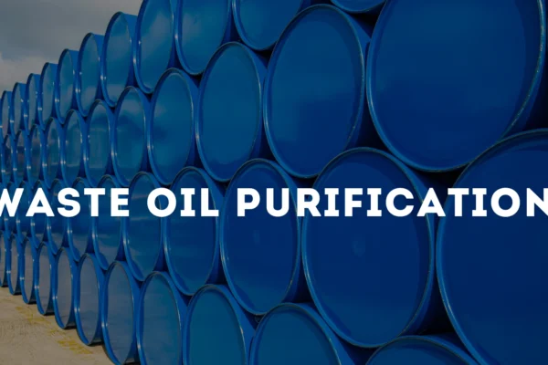 Feature image for waste oil purification blog showcasing blue oil barrels and eco-friendly resource recovery